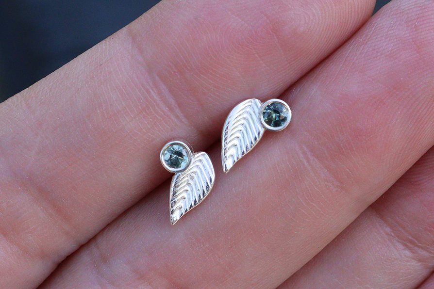 Silver Sapphire Leaf Earrings